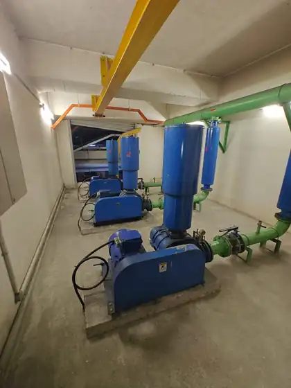Sewage treatment plant blower and pump room serviced by Akelus